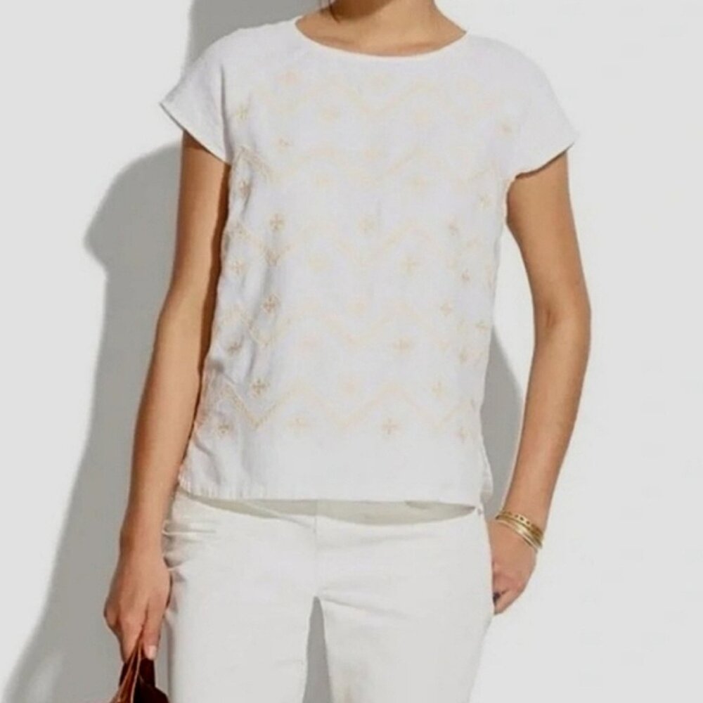 Madewell Linen Embroidered Cap Sleeve Blouse Top White Boatneck Small Boho